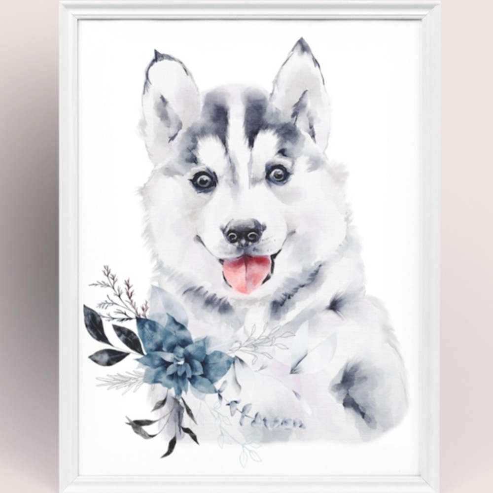 Watercolor Wall Art Husky Puppy Portrait Print Unframed - Picture 1 of 8